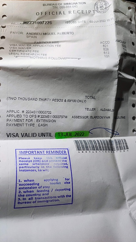 recibo extension de visado filipinas